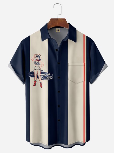 

Vintage Girl Car Chest Pocket Short Sleeve Bowling Shirt, Blue, Short Sleeve Shirts