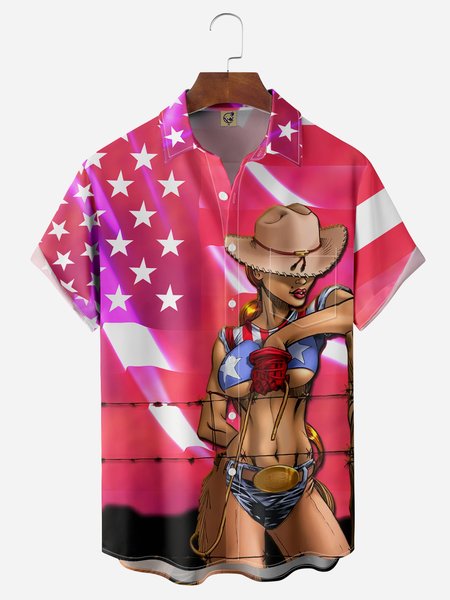 

American Flag Western Cowboy Chest Pocket Short Sleeve Casual Shirt, Red, Men Shirts