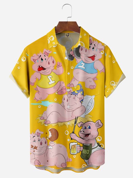 

Sporty Pig Chest Pocket Short Sleeve Casual Shirt, Yellow, Men Shirts