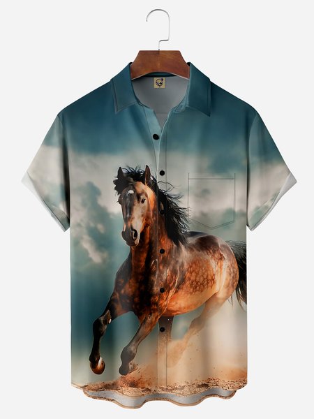 

Western Horse Chest Pocket Short Sleeve Casual Shirt, Darkgreen, Men Shirts
