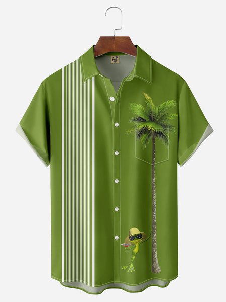 

Coconut Tree Frog Chest Pocket Short Sleeve Bowling Shirt, Green, Men Shirts