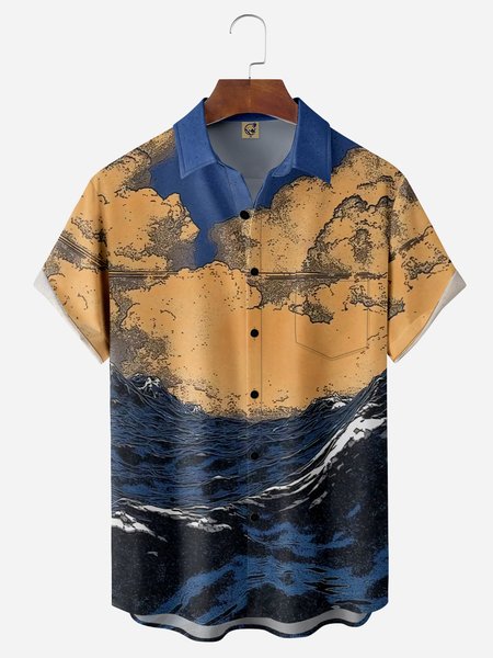 

Sea Scenery Chest Pocket Short Sleeve Hawaiian Shirt, Blue, Men Shirts