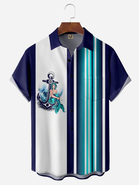 

Mermaid Chest Pocket Short Sleeve Bowling Shirt, Blue, Men Shirts