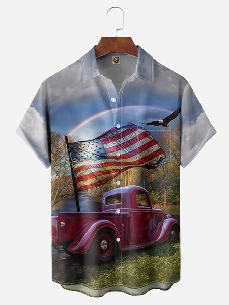 American Flag Truck Chest Pocket Short Sleeve Casual Shirt, Blue, Men Shirts