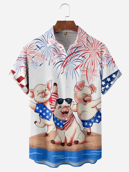

American Flag Pigs Chest Pocket Short Sleeve Casual Shirt, White, Men Shirts