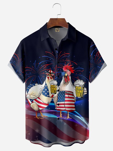 

American Flag Fun Chicken Chest Pocket Short Sleeve Casual Shirt, Purplish blue, Men Shirts