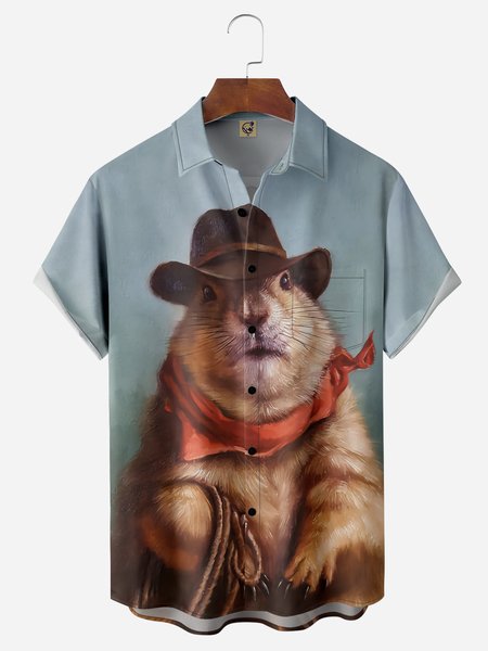 

Cowboy Western Squirrel Chest Pocket Short Sleeve Casual Shirt, Light blue, Men Shirts