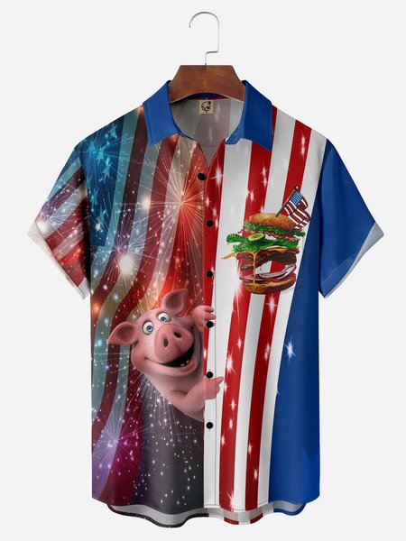 

American Flag Fun Pig Chest Pocket Short Sleeve Casual Shirt, Blue, Men Shirts