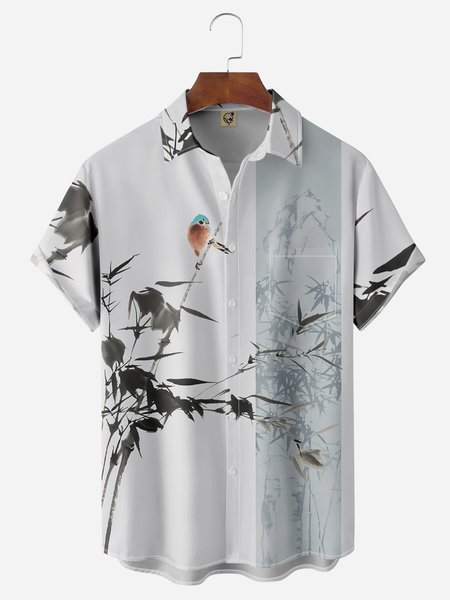 

Bamboo Chest Pocket Short Sleeves Casual Shirts, White-gray, Men Shirts
