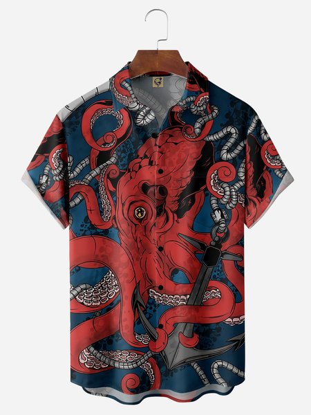 

Octopus Chest Pocket Short Sleeves Casual Shirts, Red, Men Shirts