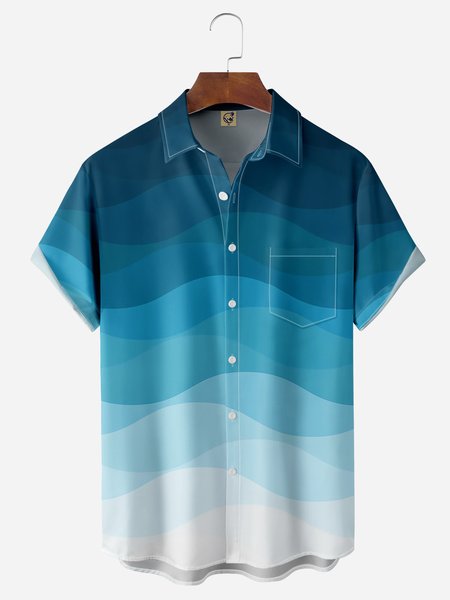 

Gradient Color Chest Pocket Short Sleeve Casual Shirt, Blue, Men Shirts