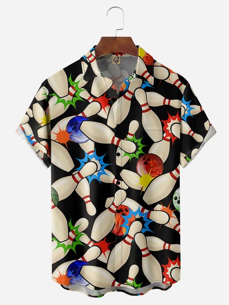 

Bowling Ball Chest Pockets Short Sleeves Casual Shirts, Black, Men Shirts