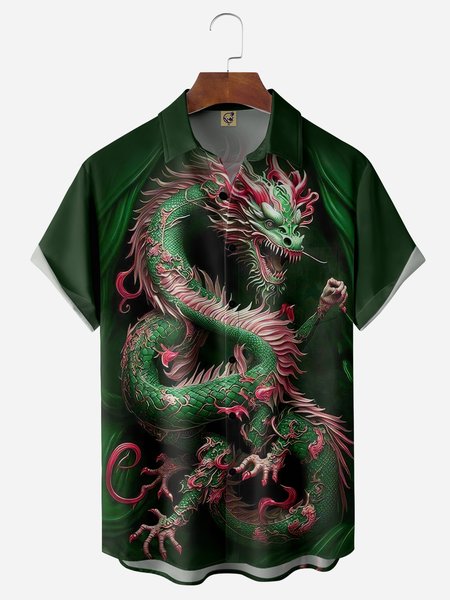 

Dragon Chest Pocket Short Sleeves Casual Shirts, Green, Men Shirts