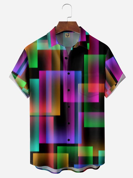 

Geometric Lines Chest Pocket Short Sleeves Casual Shirts, Black, Men Shirts