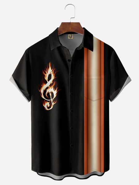 

Flame Note Chest Pocket Short Sleeve Bowling Shirt, Black, Men Shirts
