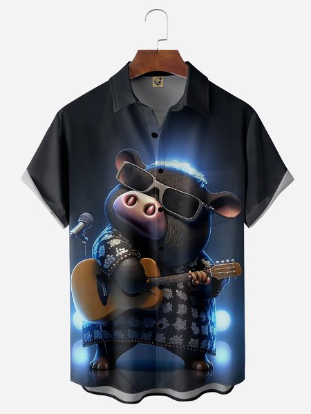 

Rock Cow Chest Pocket Short Sleeve Casual Shirt, Blue, Men Shirts