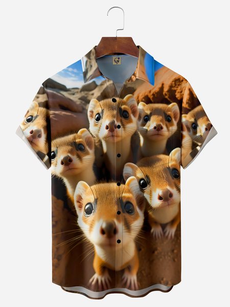 

Meerkat Chest Pocket Short Sleeve Casual Shirt, Khaki, Men Shirts