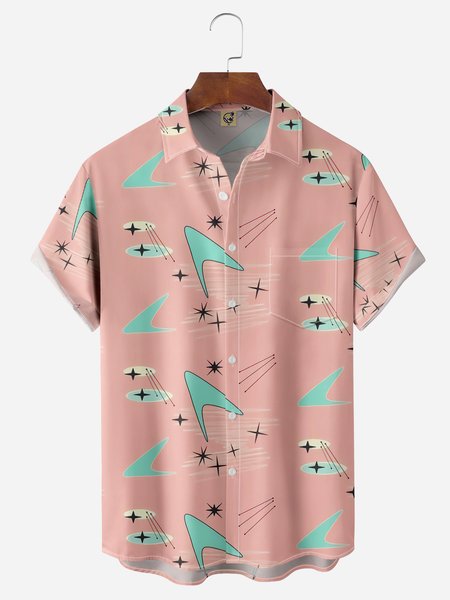 

Mid Century Geometric Chest Pocket Short Sleeve Casual Shirt, Pink, Men Shirts