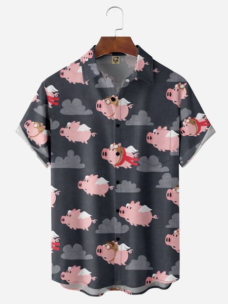 

Fun Flying Pig Chest Pocket Short Sleeve Casual Shirt, Black, Men Shirts