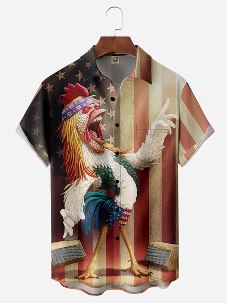 

American Flag Fun Chicken Chest Pocket Short Sleeve Casual Shirt, Red, Men Shirts