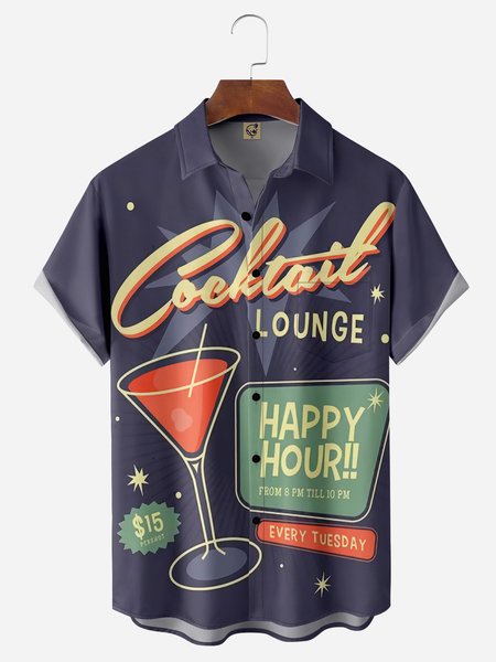 

Geometric Wine Glasses Chest Pockets Short Sleeves Hawaiian Shirts, Blue purple, Men Shirts