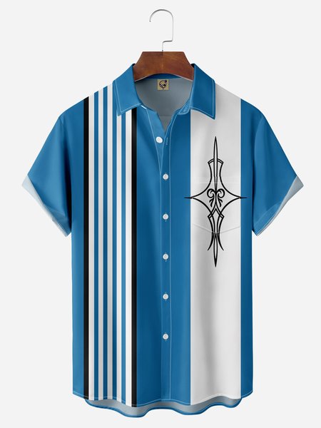 

Moto Pinstriping Chest Pocket Short Sleeve Casual Shirt, Blue, Men Shirts