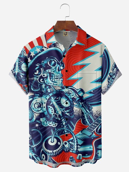 

Music Skull Chest Pocket Short Sleeve Shirt, Blue, Men Shirts