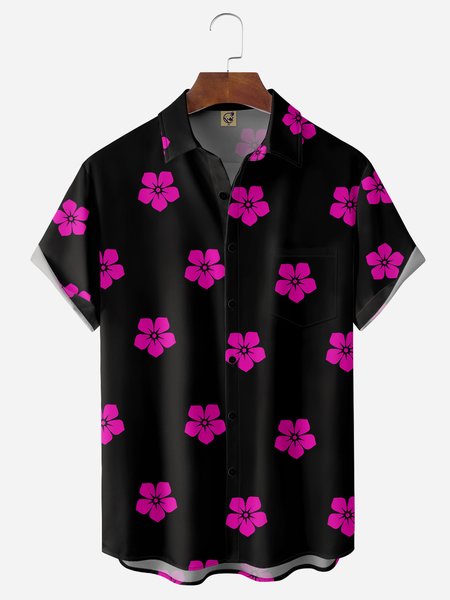 

Floral Chest Pocket Short Sleeve Hawaiian Shirt, Black, Men Shirts