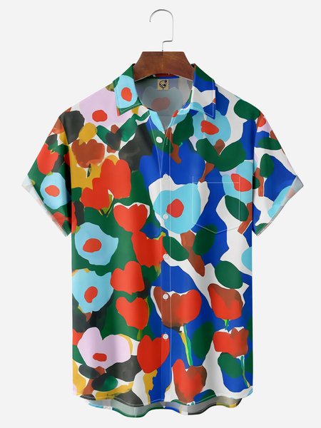 

Floral Chest Pocket Short Sleeve Hawaiian Shirt, Blue, Men Shirts