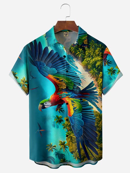 

Parrots Chest Pocket Short Sleeve Hawaiian Shirt, Blue, Men Shirts