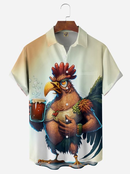 

Viking Chicken Chest Pocket Short Sleeve Casual Shirt, Brown, Men Shirts