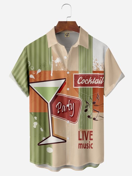 

Drink Cocktail Chest Pocket Short Sleeve Hawaiian Shirt, Khaki, Men Shirts