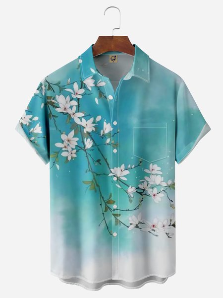 

Floral Chest Pocket Short Sleeve Hawaiian Shirt, Blue, Men Shirts