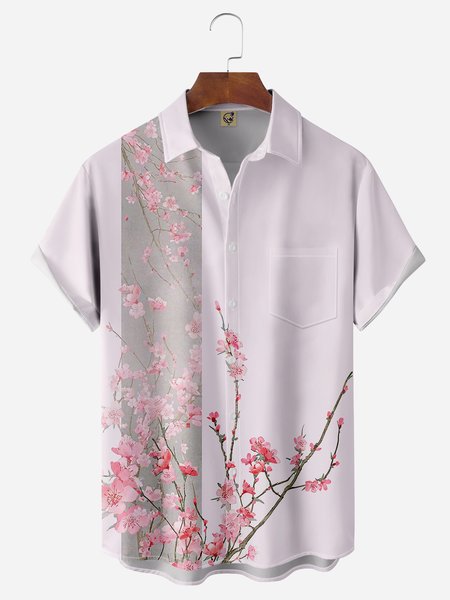 

Blossom Chest Pocket Short Sleeve Bowling Shirt, Pink, Men Shirts