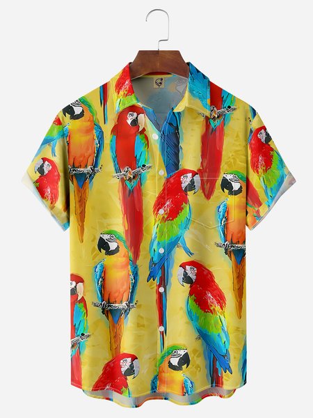 

Parrots Chest Pocket Short Sleeve Hawaiian Shirt, Yellow, Men Shirts