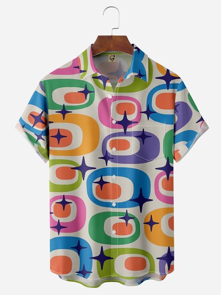 

Mid Century Pattern Chest Pocket Short Sleeve Casual Shirt, Khaki, Men Shirts