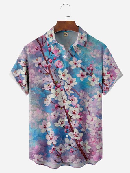 

Japanese Sakura Chest Pocket Short Sleeve Hawaiian Shirt, Blue, Men Shirts