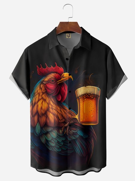 

Chicken Beer Chest Pocket Short Sleeve Shirt, Black, Men Shirts