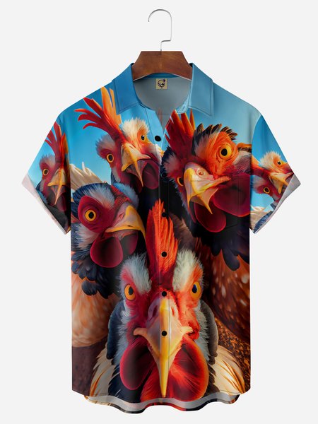 

Rooster Chest Pocket Short Sleeve Casual Shirt, Blue, Men Shirts