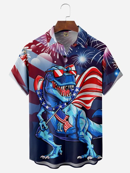 

American Flag Dinosaur Chest Pocket Short Sleeve Casual Shirt, Blue, Men Shirts