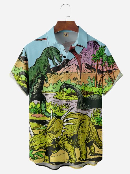 

Dinosaur Chest Pocket Short Sleeve Casual Shirt, Green, Men Shirts
