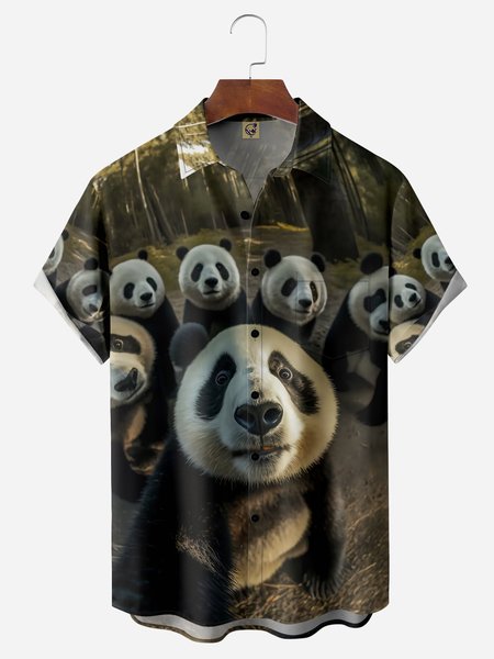 

Panda Selfie Chest Pocket Short Sleeve Casual Shirt, Black, Men Shirts