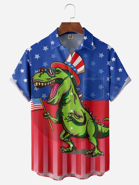 

4th of July Dinosaur Chest Pocket Short Sleeve Casual Shirt, Green, Men Shirts