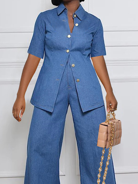 

Urban Loose Shirt Collar Short sleeve Plain Blouse, Denim blue, Blouses and Shirts