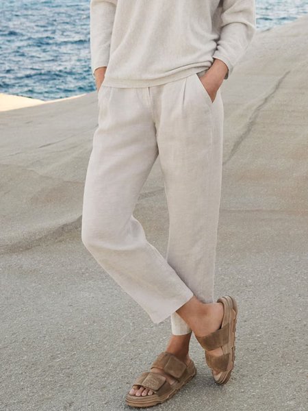 

Women's cotton and linen casual seaside holiday trousers, Apricot, Pants