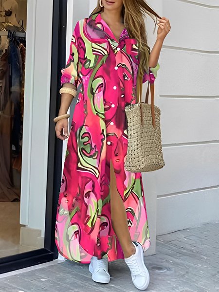 

Shirt Collar Abstract Graphic Casual Dress, Red, Maxi Dresses