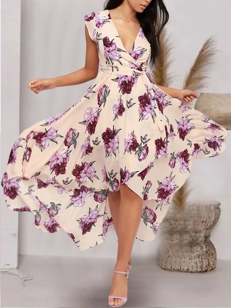 

V Neck Vacation French Countryside Blush Floral Print High-Low Dress, Pink, Dresses