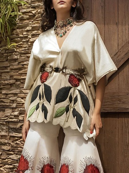 

V Neck Floral Vacation Loose Shirt, As picture, Blouses and Shirts