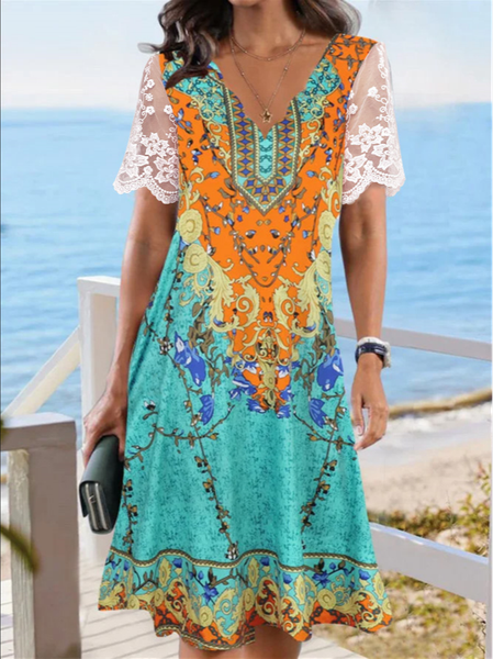 

Casual V Neck Lace Dress, Green, Dresses