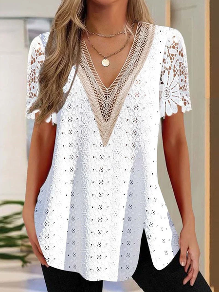 

Loose V Neck Casual Lace Shirt, White, Shirts & Blouses